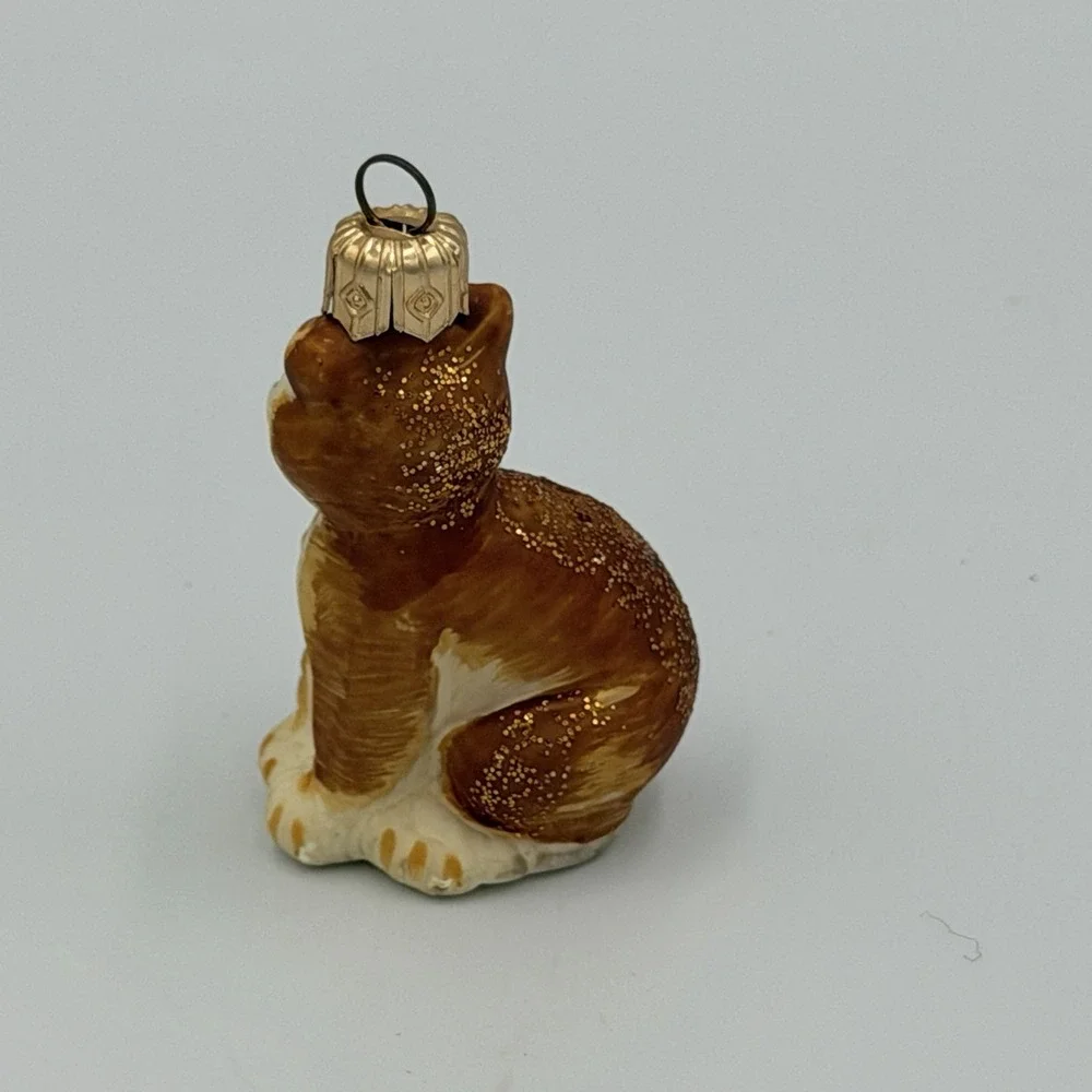 VTG Glass Cat Christmas Ornament Brown White Green Eyes Glitter Kitty 2